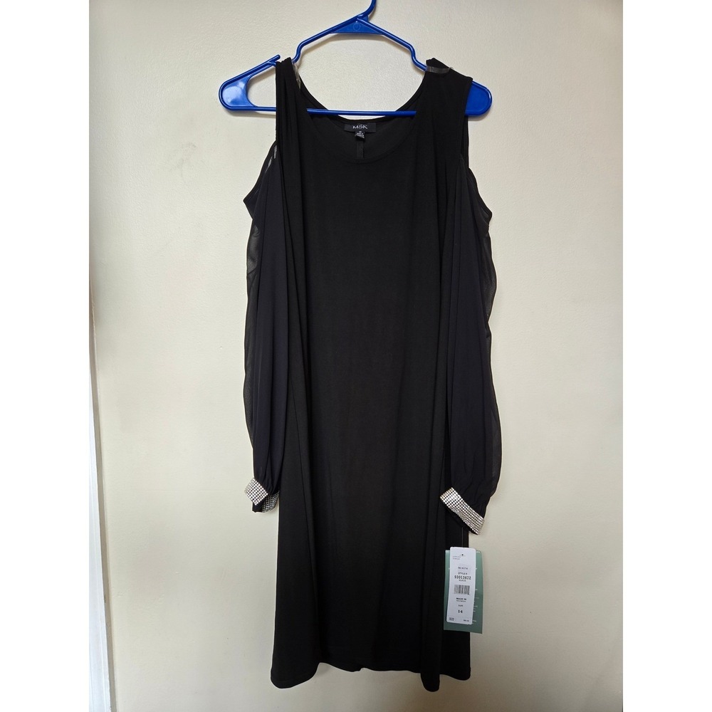 MSK Womens Black Cold Shoulder Sheer Sleeve Rhinestone Dress 14 evening a line
